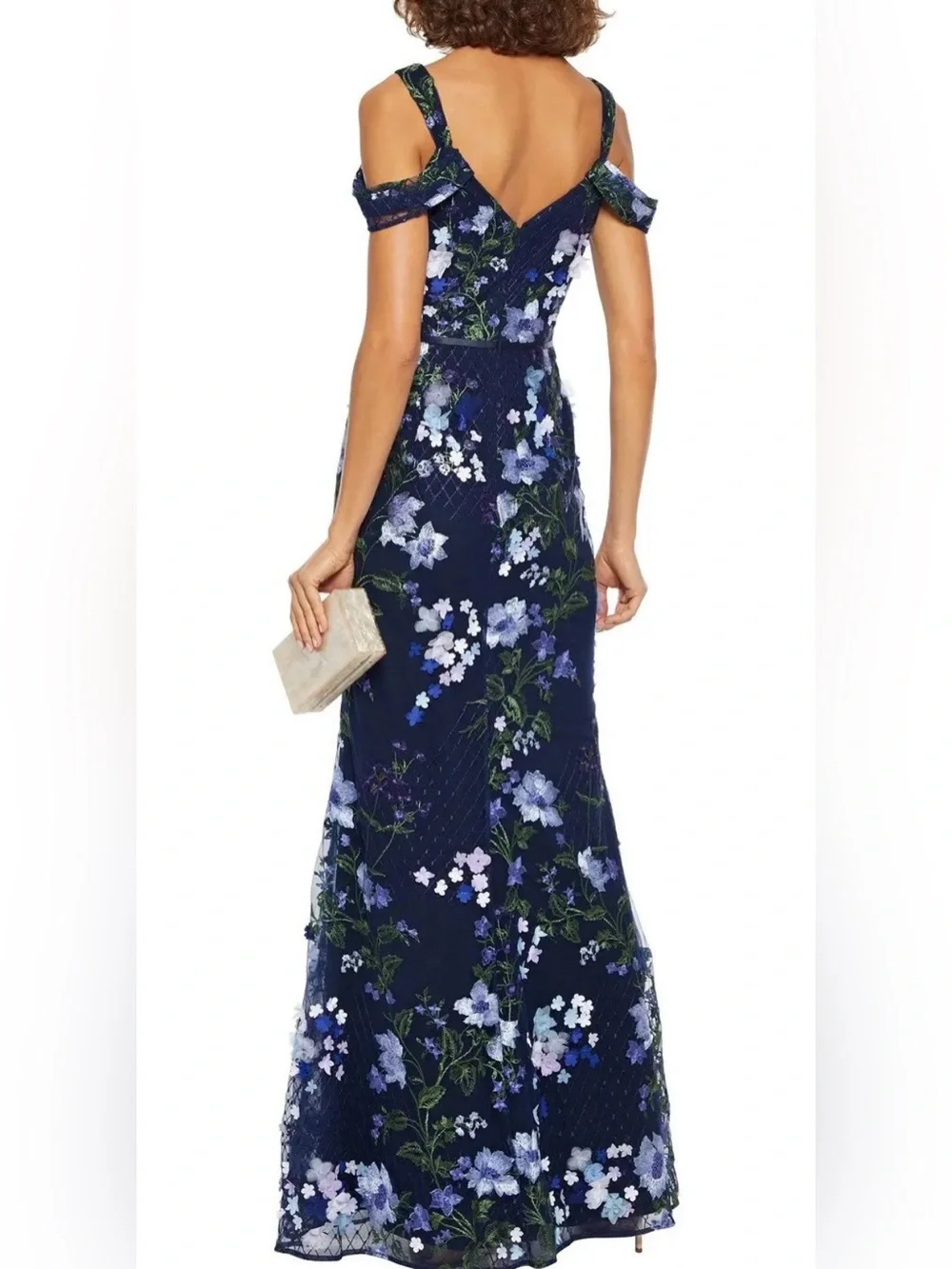 Marchesa Notte Navy Floral Appliqué Embroidered Off Shoulder Tulle Gown Dress 8 - Picture 3 of 9